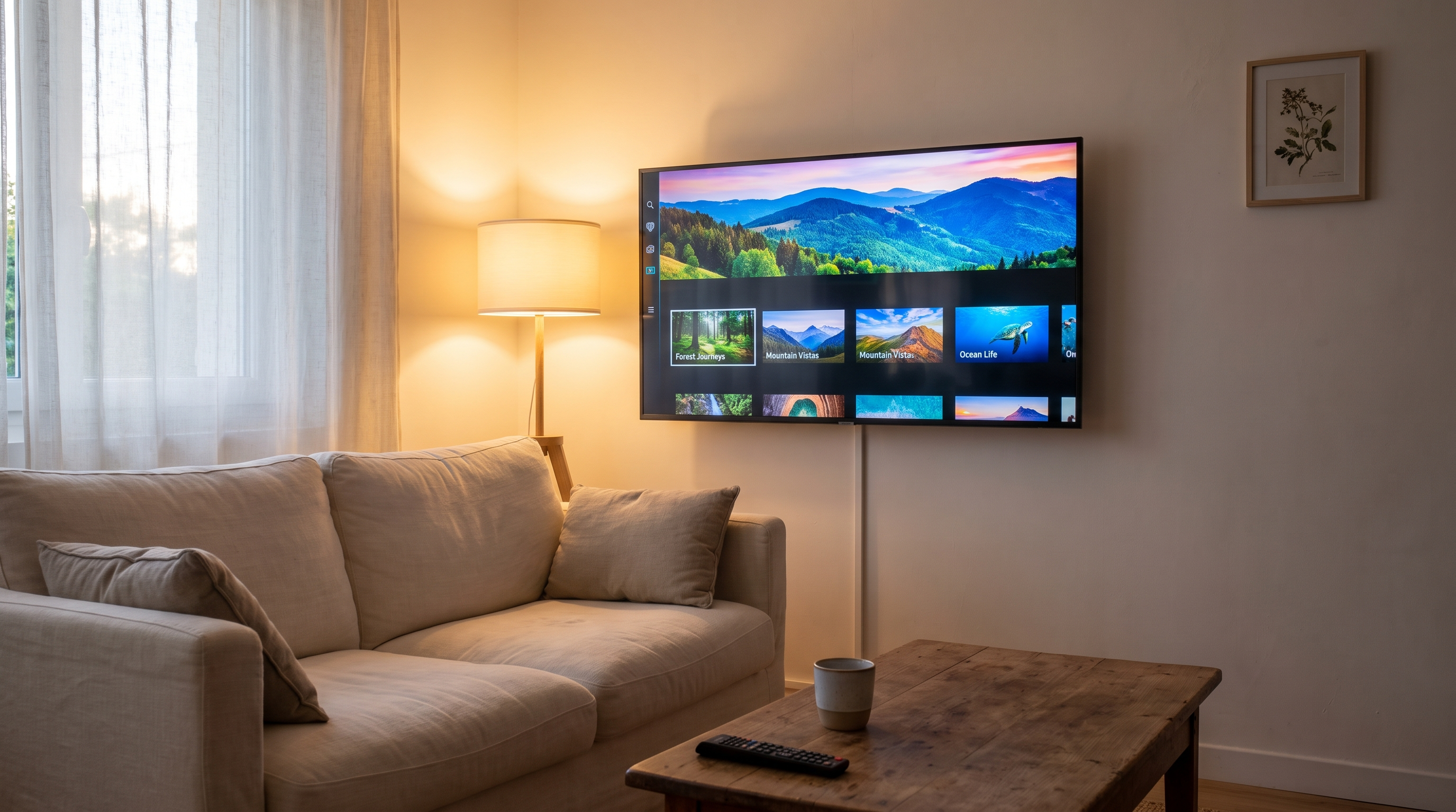 Salon moderne avec téléviseur 4K diffusant IPTV Smarters Pro